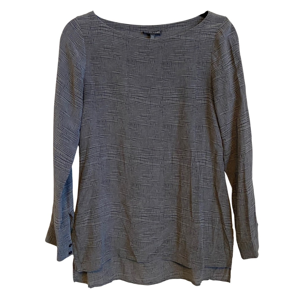 Eileen Fisher‎ Gray Black Grid 100% Silk Long Sleeve Boat Neck Tunic XXS